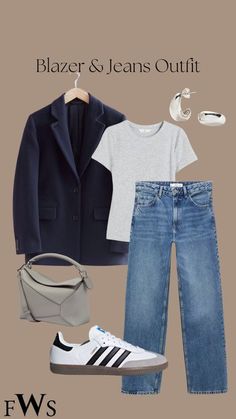 Jeans Blazer Outfit, Looks Adidas, Samba Outfit, Look Jean, Blazer Jeans, Casual Day Outfits, Pants Suit, Casual Chic Outfit