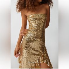 See Photos For Details Champagne Color Dress Short, Gold Strapless Dress With Sequins, Gold Strapless Dress For Spring Evening, Gold Strapless Dress For Evening In Spring, Summer Strapless Sequin Midi Dress, Fitted Strapless Dress By Urban Outfitters, Strapless Gold Dress For Spring, Summer Strapless Midi Dress With Sequins, Gold Strapless Dress For Date Night