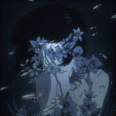 a woman with flowers in her hair is staring into the distance while surrounded by fish