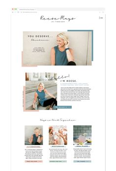 the website design for rose mays is shown in white and blue, with images of women on it