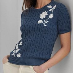 Nwt - Lauren Ralph Lauren Embroidered Cable-Knit Sweater Size: Small Color: Navy/Indigo & White Dry Clean Or Hand Wash. Floral Embroidery Brings A Romantic Sensibility To This Short-Sleeve Sweater From Lauren Ralph Lauren, Which Features A Cable-Knit Pattern For Subtle Texture And Dimension. It's Crafted With Lightweight Combed Cotton For A Soft Hand. Fitted Cotton Sweater With Floral Embroidery, Knit Tops With Floral Embroidery For Fall, Floral Embroidery Knit Tops For Fall, Blue Embroidered Sweater For Spring, Fitted Floral Embroidery Knit Tops, Embroidered Fitted Casual Sweater, Fitted Embroidered Knit Sweater, Fitted Knit Tops With Floral Embroidery, Embroidered Knit Crew Neck Top