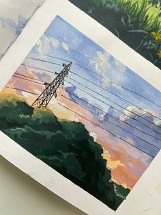 an image of a painting on paper with power lines in the sky and flowers behind it