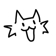 a black and white drawing of a cat's face with its eyes closed, smiling