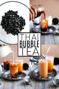 there are three different shots being made with bubble tea and blackberries on the table