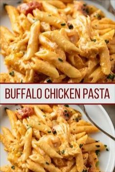 two pictures of different types of pasta on plates with the words buffalo chicken pasta above them