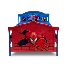 a bed with a spiderman design on the headboard and foot board is shown