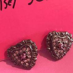 Pewter Crystal Pink Heart Button Earrings Vintage By Betsey Johnson Pink Vintage Earrings For Anniversary, Valentine's Day Heart-shaped Y2k Jewelry, Vintage Pink Heart Earrings For Valentine's Day, Betsy Johnson Heart Dress, Pink Heart-shaped Rhinestone Jewelry, Funky Accessories, Betsey Johnson Earrings Betsey Johnson, Button Heart, Heart Pendent