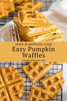 stack of pumpkin waffles on a cooling rack with text overlay that reads thick & perfectly crisp easy pumpkin waffles