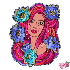 a girl with long pink hair and flowers in her hair is looking at the camera