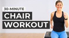 a woman standing on top of a scale with the words 30 - minute chair workout