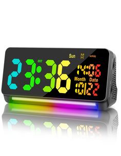 an alarm clock with multicolored numbers on the front and back sides is shown