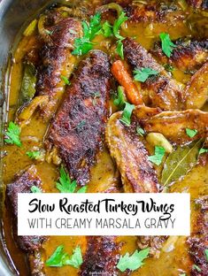 slow roasted turkey wings with creamy masala gravy in a skillet, garnished with parsley