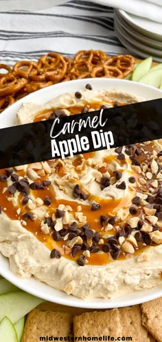 caramel apple dip on a plate with pretzels and crackers