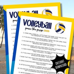 two volleyball pass the players game cards on a beach with palm trees in the background