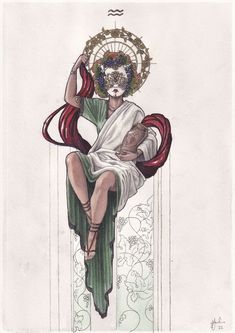 a drawing of a woman sitting on top of a chair with flowers in her hair