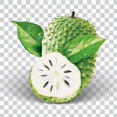 a green fruit with leaves and water droplets on the top, sitting on a checkered background