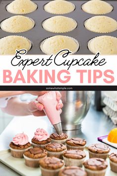 cupcakes with pink frosting being cut in half by a person using a knife