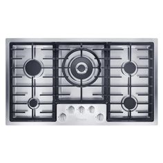 a gas stove top with four burners and knobs on the front, in stainless steel