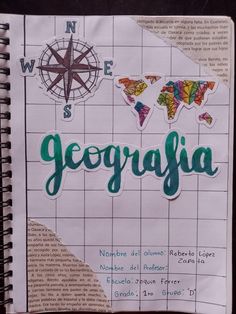 an open notebook with the word geografia written in green and surrounded by other words