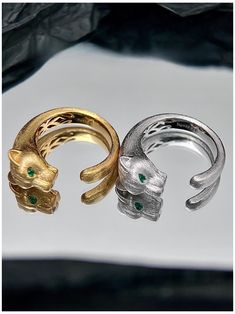 ★Materials: ★ S925 Silver with Gold or White Gold Plating, Lab-Created Emeralds  ★Specifications: ★ -  ★Ring Sizes: ★ Available in US Sizes 5, 6, 7, 8 -  ★Colors: ★ Gold or Silver Band Options  ★Craftsmanship: ★ 1.  ★High-Retention Electroplating: ★ Ensures long-lasting color and shine. 2.  ★Hand-Set Stones with Bezel Setting: ★ Meticulously set to highlight the beauty of the emeralds. 3.  ★Brushed Finish: ★ The thick band of this ring is polished with a brushed finish, giving it a luxurious, vi Matching Rings For Best Friends, Self Love Symbol, Leopard Ring, Panther Ring, Metal Accessories, Best Friend Gift, Ring Sizes, Ring Gold, Lab Created Diamonds