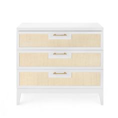 a white dresser with two drawers and gold pulls on the bottom drawer, against a white background