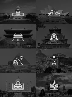 black and white images with different architectural styles