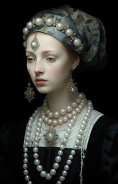 a woman with pearls and jewelry on her head