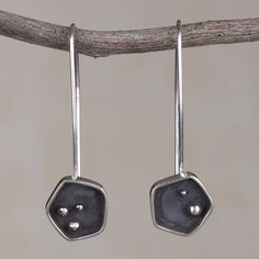 Enjoy the sleek look of this pair of drop earrings from designer Leslie Granthon of Peru. Crafted from sterling silver each earring boasts an oxidized finish on the pentagon-shaped base. Art Jewelry Earrings, Pentagon Shape, Sterling Silver Drop Earrings, Silver Work, Unique Bracelets, Handcrafted Rings, Silver Buttons, Dainty Earrings, Silver Drop Earrings