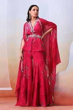 Shop for Isha Gupta Tayal Pink Crepe Printed Cape Sharara Set for Women Online at Aza Fashions Pakistani Cape Dresses, Cape Sharara, Peplum Sharara, Isha Gupta, Printed Sharara, Floral Cape, डिजाइनर कपड़े, Sharara Designs, Pink Cape