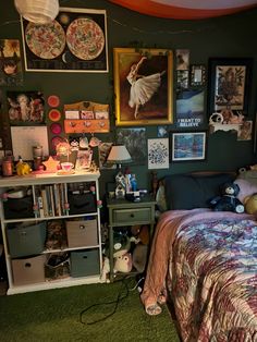 omg my room is the only place I wanna be  tags: teen room, bedroom, cozy bedroom, cozy vibes, gallery wall, poster wall, maximalist, clutter core, shelves, quilt, cottagecore, maximalism, green bedroom Cozy Cluttered Room Aesthetic, Bedroom Wall Decor Maximalist, Cluttered Wall Decor, Room Maximalist Decor, Childhood Bedroom Makeover, Dorm Room Maximalist, Cozy Maximalism Apartment, Grandma Core Room, Clutter Core Room