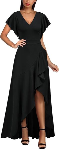 Suit for Bridesmaid Party, Cocktail Party, Evening Party, Prom Or Wedding. Unique Design: Elegant V-Neck, Special Ruffle Sleeves, Slim Wrap Waist, Split Hem Design, Long Dress Sexy high split and high waist design, flattering and classy, zipper on the back. Please wash it with low temperature and iron carefully in low temperature. Classy Long Dress, Design Long Dress, Spring Party Dresses, Party Long Dress, Formal Dresses With Sleeves, Dress Mermaid, Bridesmaid Party, Ruffles Fashion, Split Dress