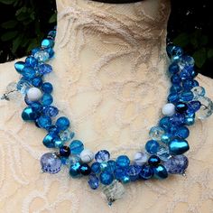 Sky Blue Designer Inspired Unique Statement Cluster Necklace - Chunky Colorful Gift for Her Blue Faceted Beads Necklace For Party, Light Blue Round Bead Necklaces For Party, Blue Faceted Bead Necklace For Party, Light Blue Beaded Necklaces For Party, Blue Glass Beaded Chain Jewelry, Blue Crystal Necklaces With Round Glass Beads, Blue Round Beaded Glass Crystal Necklace, Blue Glass Crystal Necklace With Round Beads, Blue Round Beads Necklaces For Party