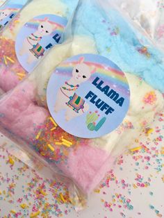 llama fluff and rainbow sprinkles are packaged in plastic bags