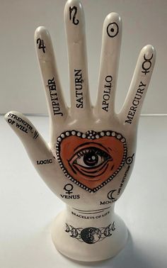 a ceramic hand that has an eye on it with words written all over the palm