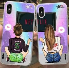 two people are holding up cell phones with the same phone cover on them, and one is