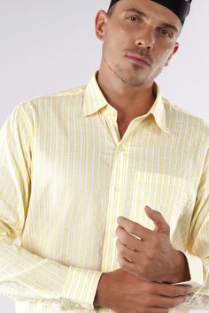 Introducing a style statement that effortlessly merges classic charm with contemporary vibes. This vibrant striped shirt boasts an elegant spread collar, exuding sophistication and panache. This dynamic duo of Mania Yellow and White creates a striking contrast that demands attention. Whether you're looking for a bold summer outfit or a statement piece for a special occasion, this shirt is sure to make a lasting impression. Fused collar and cuffs, collar stand and flat felled side seams provide s Luxury Cotton T-shirt With Striped Collar, Luxury Formal Shirt With Striped Cuffs, Luxury Formal Shirt With Striped Collar, Luxury Yellow Men's Shirt, Luxury Fitted Short Sleeve Shirt For Summer, Luxury Casual Short Sleeve Shirt, Luxury Formal Summer Shirt, Luxury Summer Shirt With Spread Collar, Luxury Striped Men's Shirt