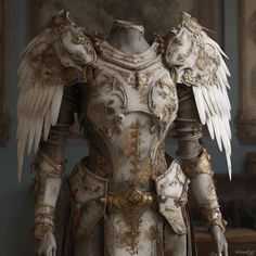 an elaborately designed armor is displayed in front of a wall with paintings on it