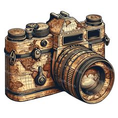 an old fashioned camera with a world map on the front and side, in black ink