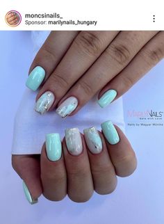 Mint White Nails, Mint And Blue Nails, Pale Mint Nails, Mint Nails With Design, Nails Mint Green Design, Green Gel Nails Short Design, Mint And Silver Nails, Mint Green Marble Nails, Mint Green Nails Ideas