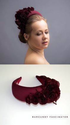 Burgundy fascinator headband for wedding guest inspired by wonderful Kate Middleton is hand made and hand stitched. Padded halo headband headpiece has been covered in a high quality Italian fabric. Dark red fascinator is trimmed with intone flowers and leaves covering the right ear side of the wedding guest hairband. Modern and elegant burgundy hatinator will instantly elevate any outfit. This floral head piece is unique work in which care has been taken with every detail. Elegant Handmade Flowers Headband, Elegant Headband With Handmade Flowers And Pinched Crown, Formal Fascinator With Handmade Flowers On Headband, Formal Fascinator With Handmade Flowers, Formal Handmade Flowers Fascinator Headband, Elegant Red Headpieces With Matching Headband, Elegant Red Headband For Formal Occasions, Red Formal Headband, Red Evening Headband Hair Accessory