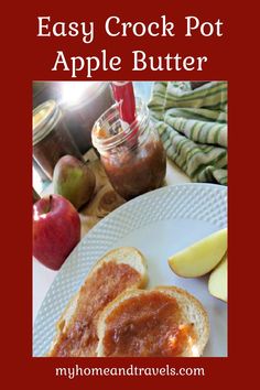 an easy crock pot apple butter recipe on a plate with apples in the background