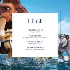 an ice age movie poster with two animals in the water