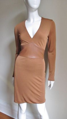 Versace Couture, Leather Dresses, Gianni Versace, Plunging Neckline, Tan Color, Jersey Dress, Day Dresses, Versace, Caramel