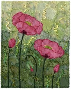 three pink flowers with green leaves on a quilted wall hanging in front of a window