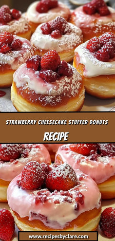 strawberry cheesecake stuffed donuts with powdered sugar and fresh strawberries on top