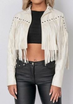 A daily outfit is incomplete without Leather which suits on all occasion, casual style, daily look, home, shopping, work, date, vacation, holiday, beach, party, or daily wear, Night out Women's Off White Leather Jacket | Party Wear Leather Fringe Jacket | Womens Cropped Party Wear Leather Jacket Personalized Gifts For Her | Handmade Real Leather Jacket | Tassel Leather Jacket | No closure Leather Jacket | Occasion:  Party, Cocktail, Dance Halloween , Birthday Gift, Surprise Gift , Anniversary Gi Chic Leather Jacket With Fringe For Fall, White Tasseled Outerwear For Spring, White Spring Outerwear With Tassels, Fitted Outerwear With Tassels For Spring, Fitted Spring Outerwear With Tassels, Chic Leather Jacket With Fringe And Long Sleeves, Chic Leather Jacket With Fringe, Chic Long Sleeve Leather Jacket With Fringe, Chic Long-sleeve Leather Jacket With Fringe