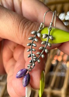 "Natural, Siberian Charoite, drop earrings, set in a slightly oxidized 925 Sterling Silver setting, ear-wires closure. Total drop length/width: 2.30\" x 0.40\" inches. Stone: 10mm x 5mm, Marquises." Oxidized Finish Dangle Earrings As A Gift, Oxidized Finish Dangle Earrings For Gift, Sterling Silver Drop Jewelry With Oxidized Finish, Oxidized Long Drop Jewelry For Gift, Oxidized Finish Long Drop Jewelry For Gift, Oxidized Adjustable Dangle Earrings, Adjustable Oxidized Dangle Earrings, Long Drop Earrings With Oxidized Finish, Oxidized Finish Long Drop Earrings For Gift