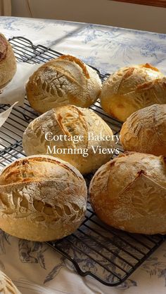 several loaves of bread sitting on top of a cooling rack next to each other