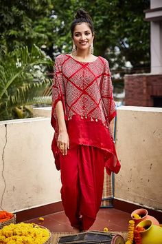 Buy Red Silk Bandhani Kaftan With Dhoti Pant For Women by Pink City by Sarika Online at Aza Fashions. Bandhani Kaftan, Dress Drawing Easy, Indowestern Dress, Kaftan For Women, Embroidered Kaftan, Dhoti Pants, Pant For Women, Indo Western Dress