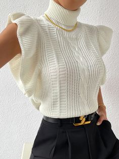 Turtle Neck Ruffle Trim Cable Knit Sweater Vest Beige Casual   Fabric Plain  Slight Stretch  Women Clothing, size features are:Bust: ,Length: ,Sleeve Length: Work Fits, Sweater Vest Women, Women Sweater, Looks Chic, Inspired Outfits, Sleeveless Tank Top, Sweater Vest, Look Fashion, Work Outfits